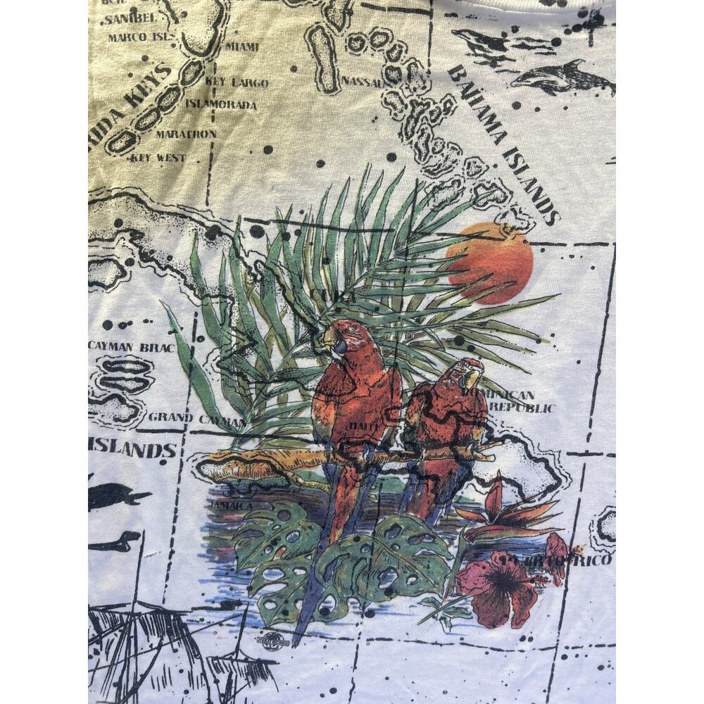 Vintage Caribbean Map Graphic T-Shirt XL White Compass Parrot Cotton USA - Picture 6 of 7